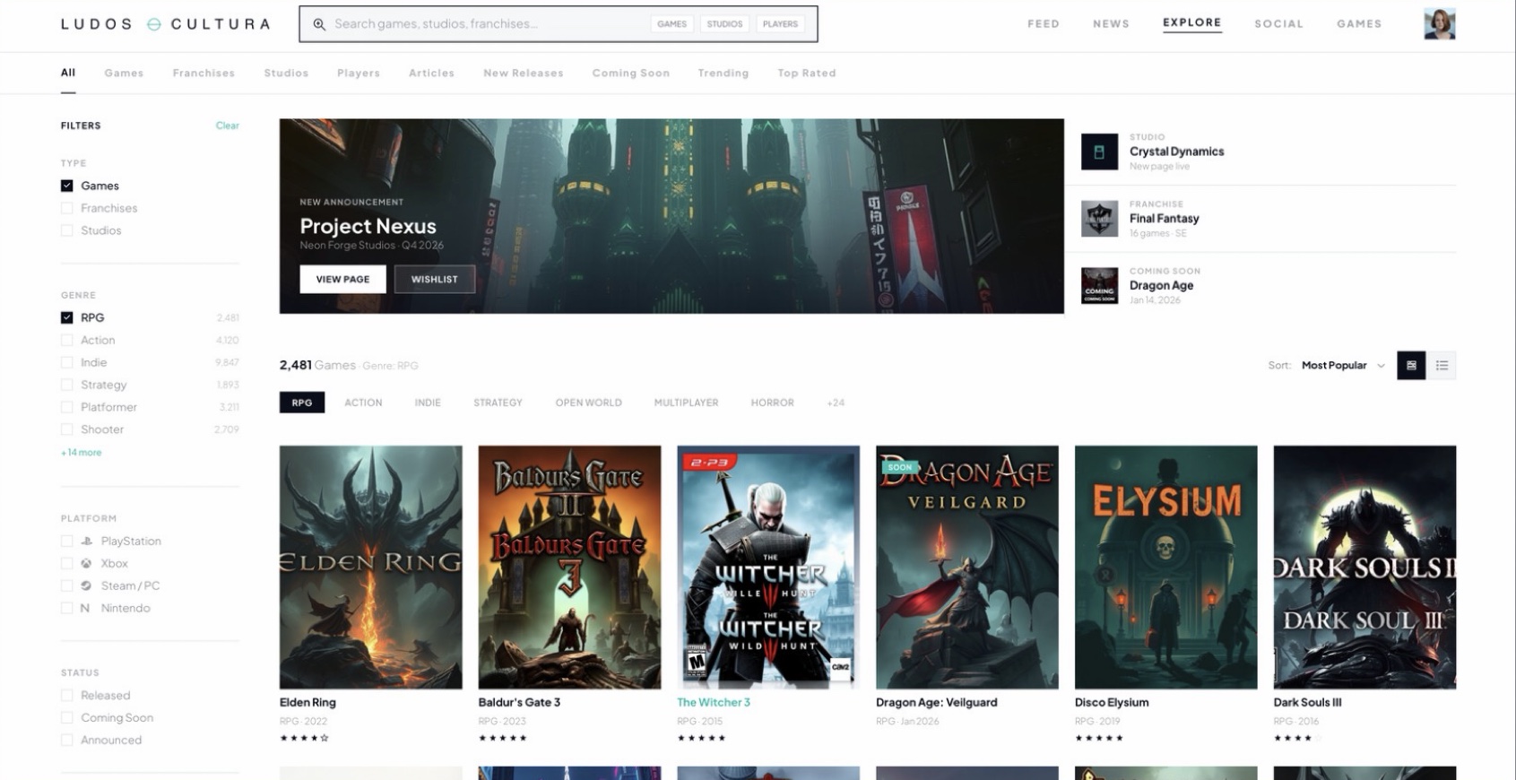 Explore: search and filter the game catalogue, franchises and studios
