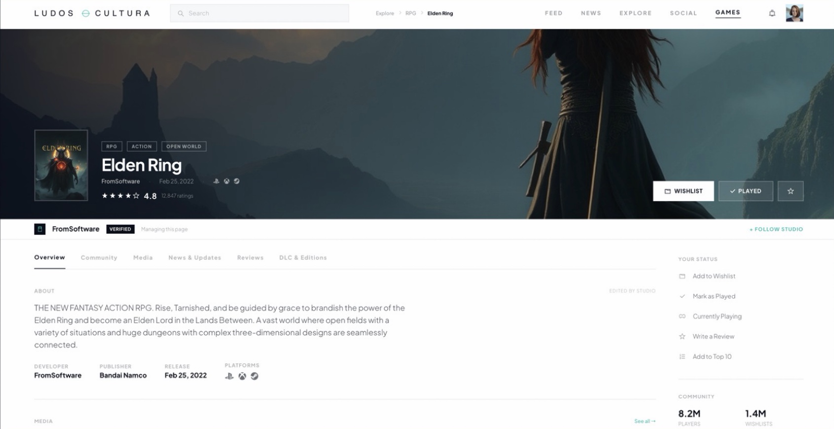 Game page: a studio-managed page with wishlists, ratings and community